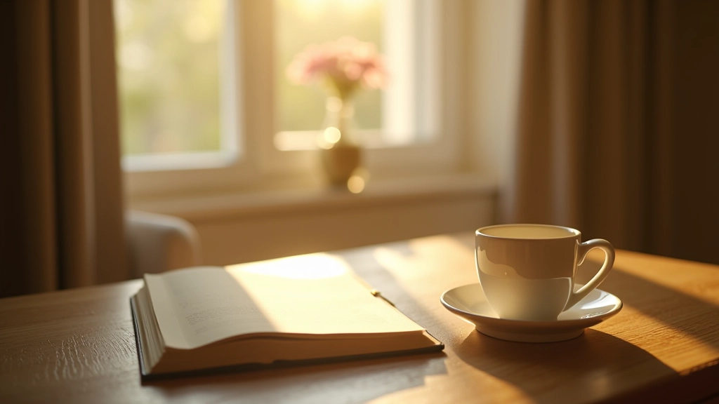 Cahier de journal ouvert sur une table en bois avec la lumière du matin, une tasse de café à proximité