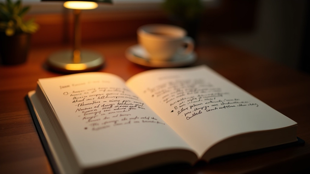 Journal ouvert avec des notes et des annotations, tasse de thé à proximité, éclairage chaleureux du soir
