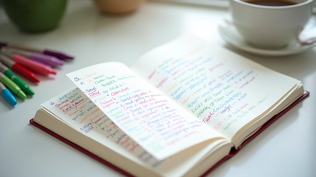 Cahier ouvert avec des notes manuscrites colorées, stylos disposés à côté, surface claire