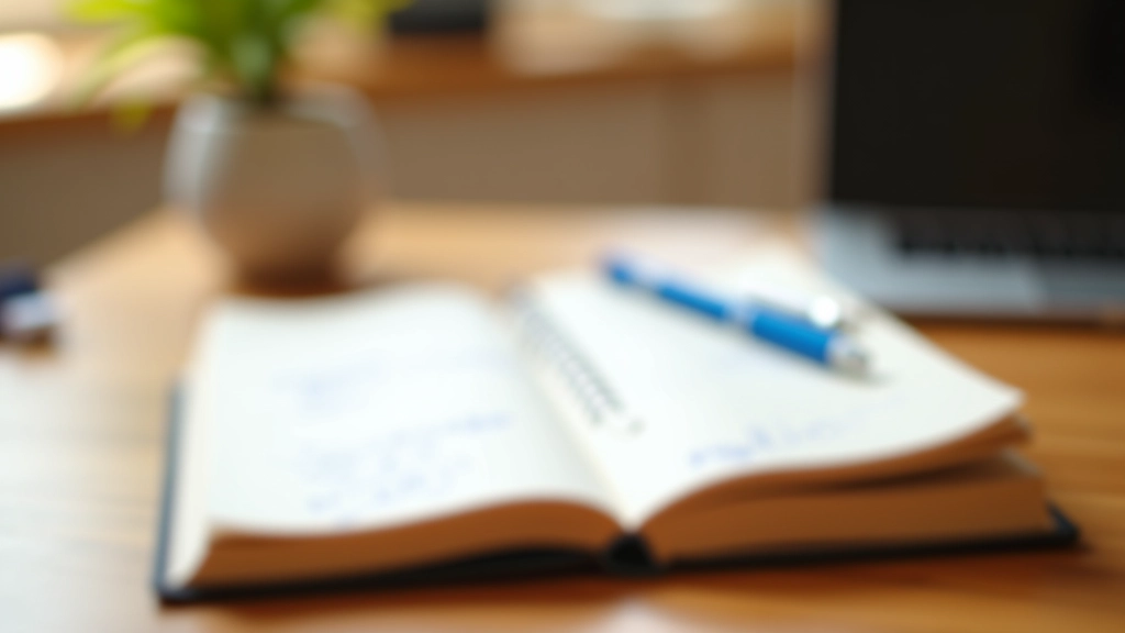 Notebook ouvert avec des notes manuscrites et un stylo bleu sur un bureau en bois