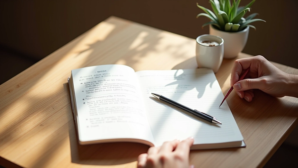 Carnet ouvert sur un bureau avec des notes manuscrites, stylo posé à côté, lumière douce du matin, style minimaliste et épuré