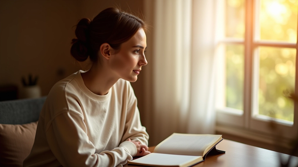 Personne assise près d'une fenêtre avec lumière naturelle, carnet et crayon sur la table, expression concentrée et calme