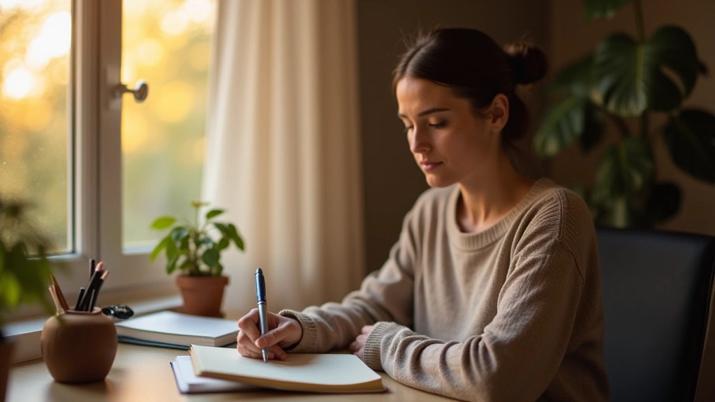 Personne écrivant dans un journal en fin d'après-midi, lumière douce, environnement calme et inspirant