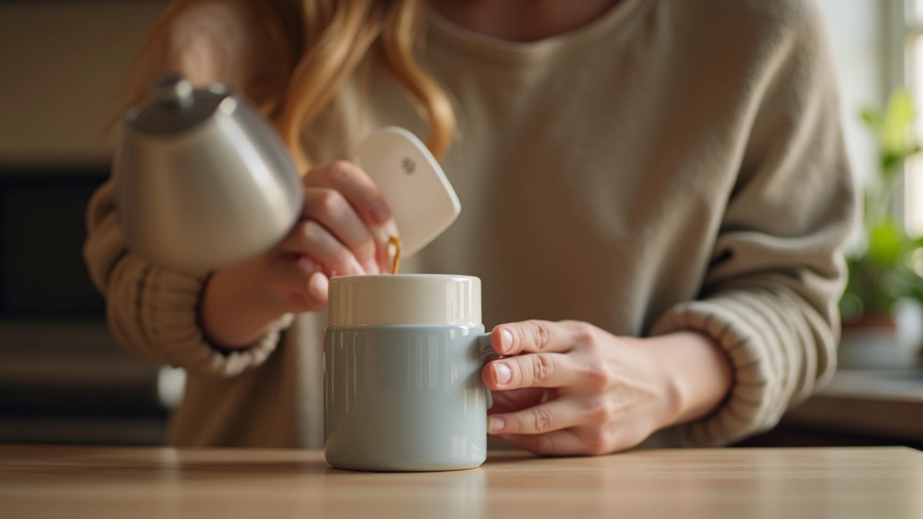 Personne versant du café dans une tasse le matin, geste calme et intentionnel, fenêtre en arrière-plan, environnement accueillant