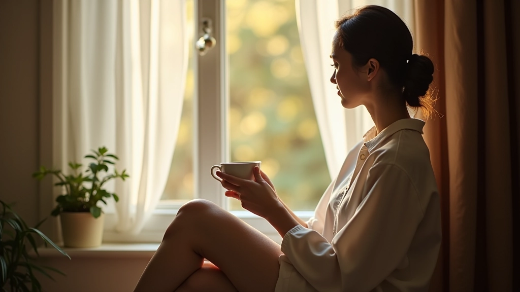 Personne réfléchissant près d'une fenêtre avec une tasse de thé, lumière naturelle douce