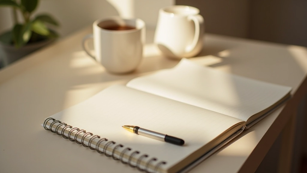Table de nuit avec carnet, stylo et une tasse de thé ou café, ambiance du matin, préparation pour une nouvelle journée