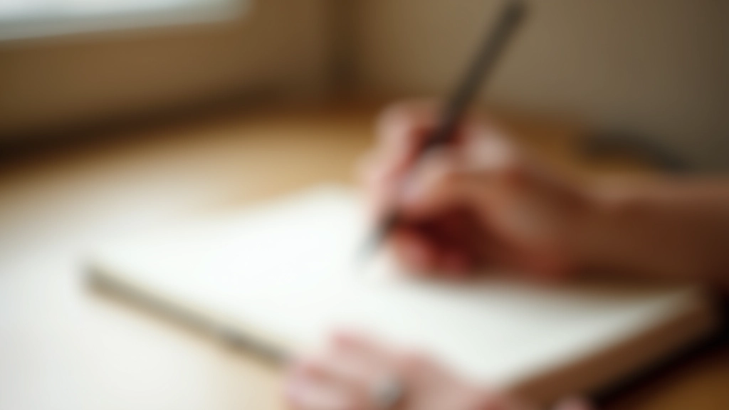 Main tenant un stylo au-dessus d'un cahier vierge, prête à commencer, lumière naturelle, surface de travail minimaliste