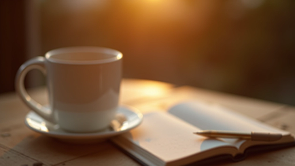 Tasse de thé chaude près d'un carnet ouvert le soir, ambiance calme et réfléchie
