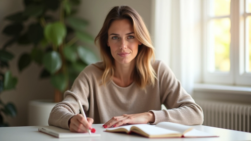 Femme tenant un journal avec un stylo, assise dans un espace lumineux et calme