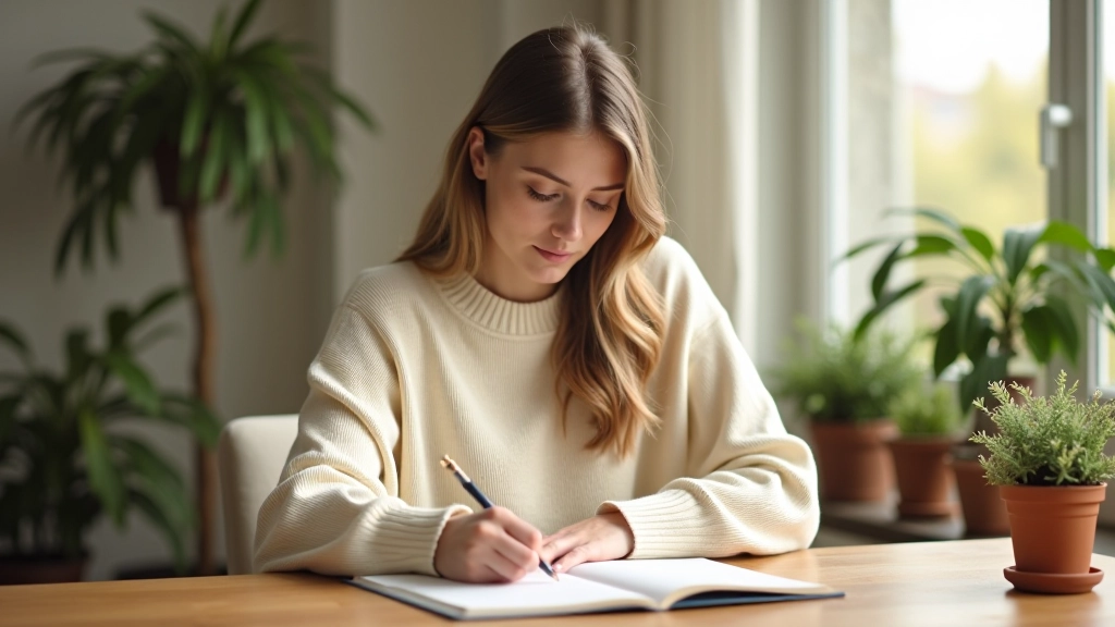 Femme écrivant dans un journal de réflexion, environnement calme et inspirant avec plantes et lumière naturelle