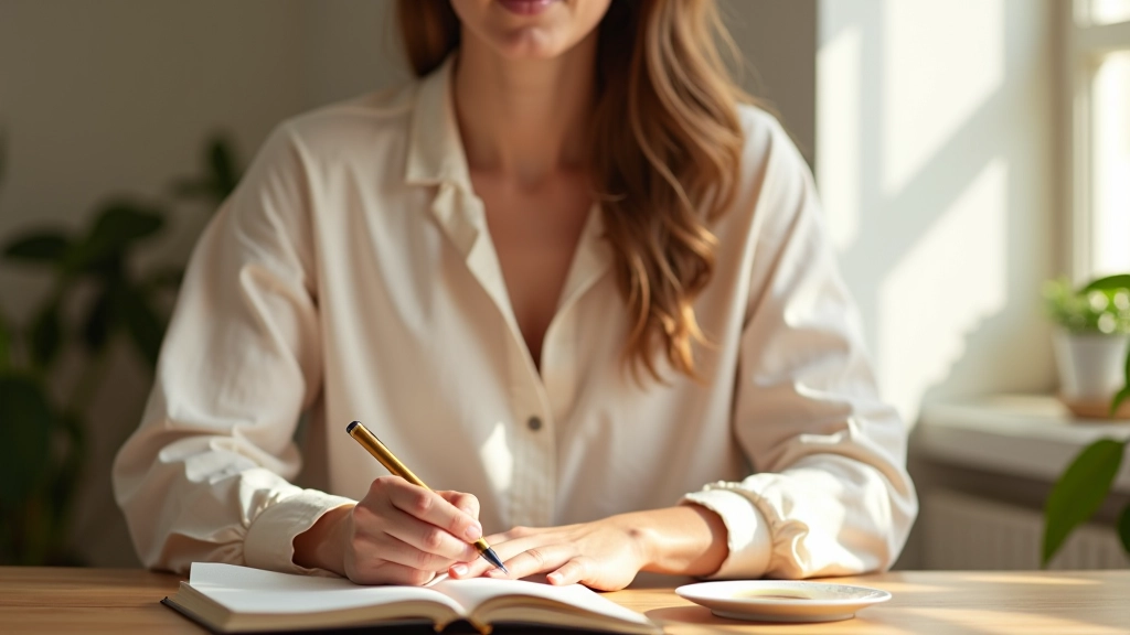 Femme en train de noter ses intentions matinales avec une tasse de café à côté