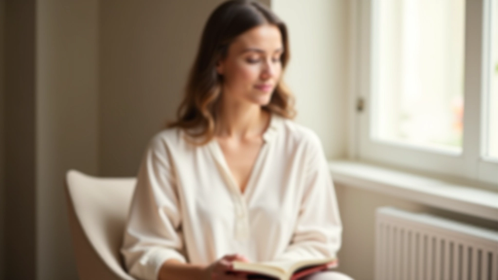 Personne méditant le matin avec journal, lumière douce, environnement serein et minimaliste