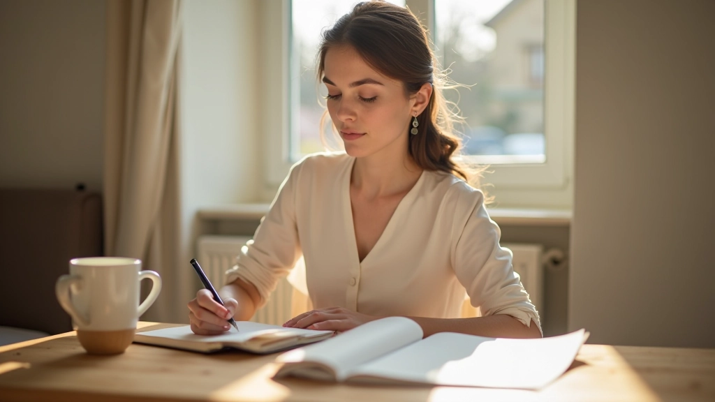 Personne écrivant dans un carnet avec stylo, lumière douce du matin, environnement calme et minimaliste